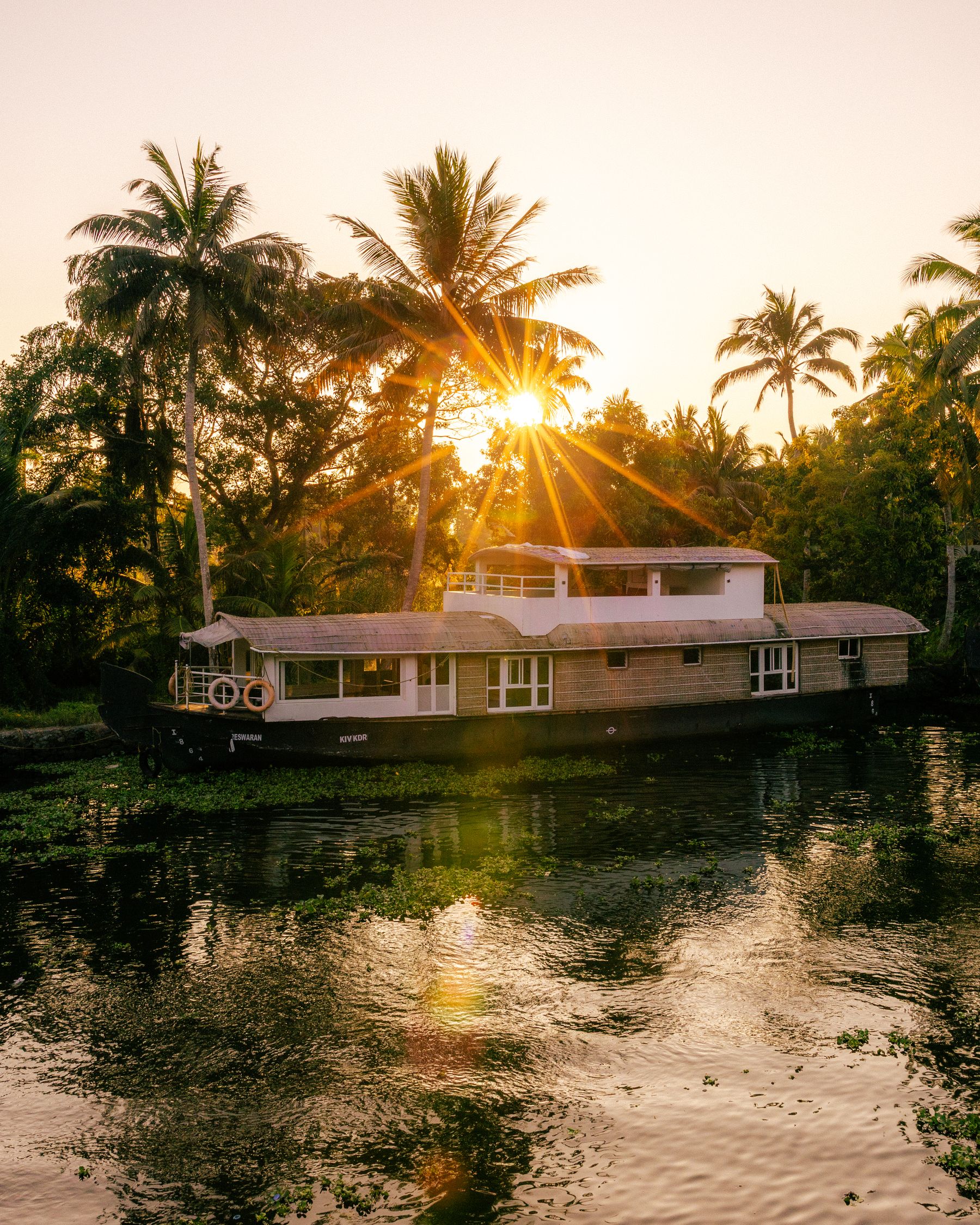 Kerala Houseboat With Sun Bursting Through Palms